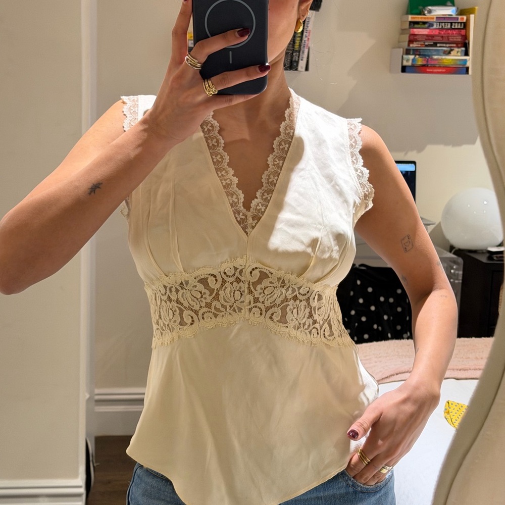 Lace-Trim V-Neck Cream Women's Top